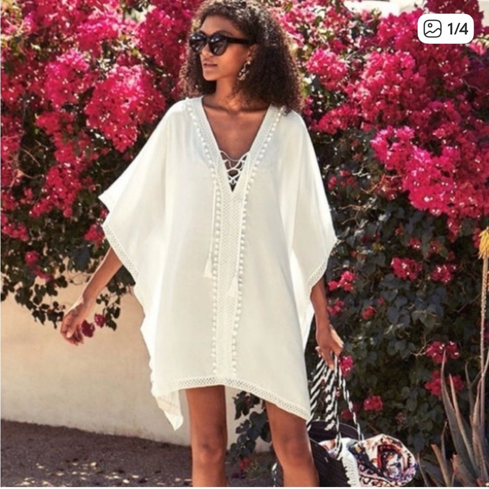 BINDYA  New York 100% Viscose White Blouse Swimsuit Cover-Up with Crochet Trim.